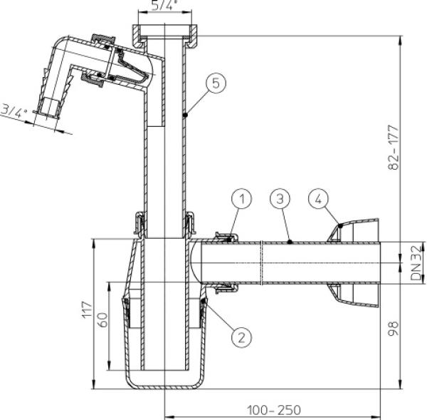 Waschtisch-Siphon DN32x5/4" mit Waschgeräte-Anschluss und Rosette HL132.1/30